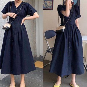 C135 Women Clothing Button Down Maxi Cotton Dress V Neck Short Sleeve